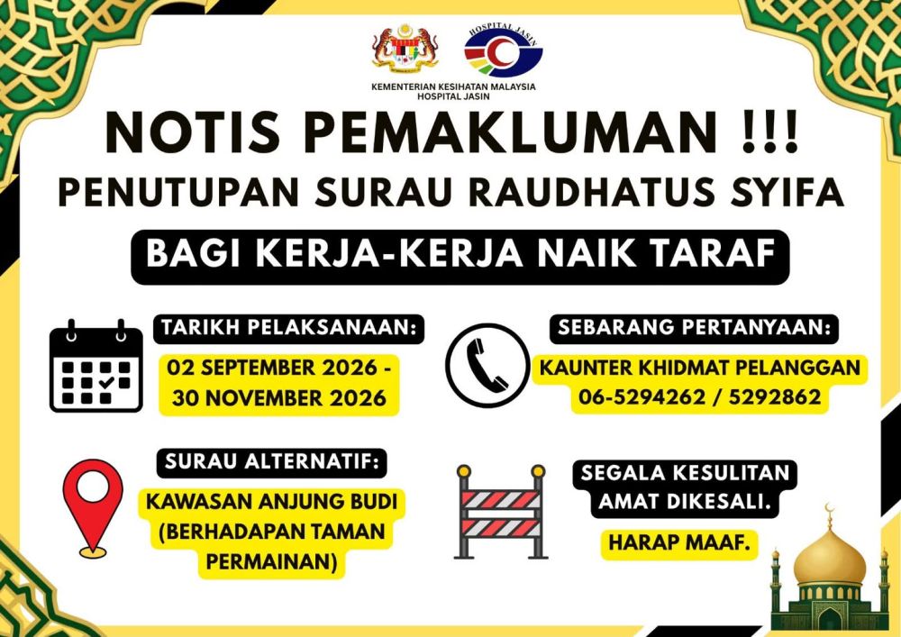 NOTIS PEMAKLUMAN: PENUTUPAN SURAU RAUDHATUS SYIFA